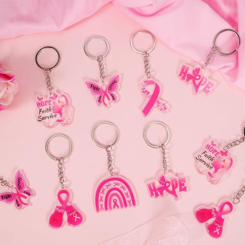 HOWAF 24pcs Breast Cancer Awareness Keychain, Breast Cancer Awareness Accessories, Breast Cancer Gifts Bulk Pink Ribbon Acrylic Key Chain for Women Cancer Survivor Gift for Charity Activities in Saudi Arabia