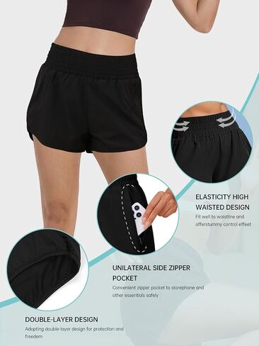 Womens Athletic Shorts High Waisted Elastic Sporty Liner Short Pants Zipper Pockets Female Running Gym Track Workout in Saudi Arabia