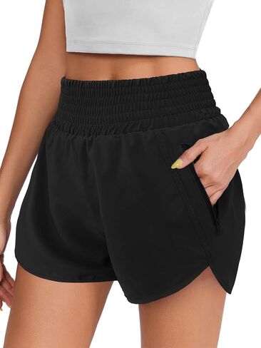 Womens Athletic Shorts High Waisted Elastic Sporty Liner Short Pants Zipper Pockets Female Running Gym Track Workout in Saudi Arabia