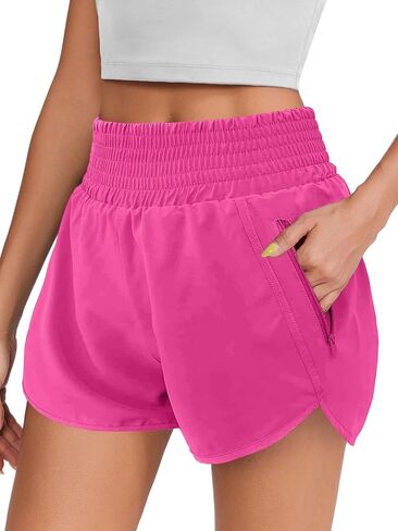Womens Athletic Shorts High Waisted Elastic Sporty Liner Short Pants Zipper Pockets Female Running Gym Track Workout in Saudi Arabia