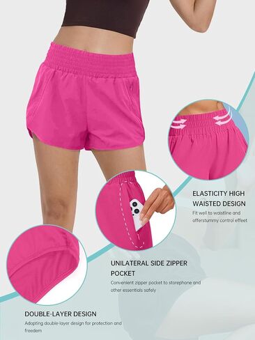 Womens Athletic Shorts High Waisted Elastic Sporty Liner Short Pants Zipper Pockets Female Running Gym Track Workout in Saudi Arabia
