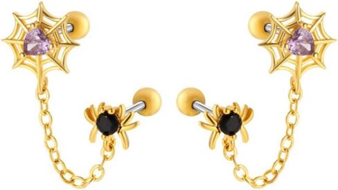 18g Spider Wed Black Purple CZ Double Piercing Screw Back Small Stud Cuff Wrap Climber Crawler Earrings for Women Stainless Steel Short Chain Cartilage Two Holes Hypoallergenic Fashion Jewelry Halloween Party Gift in Saudi Arabia