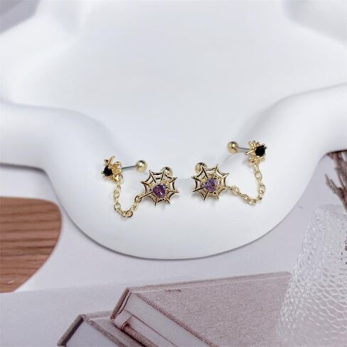 18g Spider Wed Black Purple CZ Double Piercing Screw Back Small Stud Cuff Wrap Climber Crawler Earrings for Women Stainless Steel Short Chain Cartilage Two Holes Hypoallergenic Fashion Jewelry Halloween Party Gift in Saudi Arabia