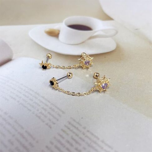 18g Spider Wed Black Purple CZ Double Piercing Screw Back Small Stud Cuff Wrap Climber Crawler Earrings for Women Stainless Steel Short Chain Cartilage Two Holes Hypoallergenic Fashion Jewelry Halloween Party Gift in Saudi Arabia