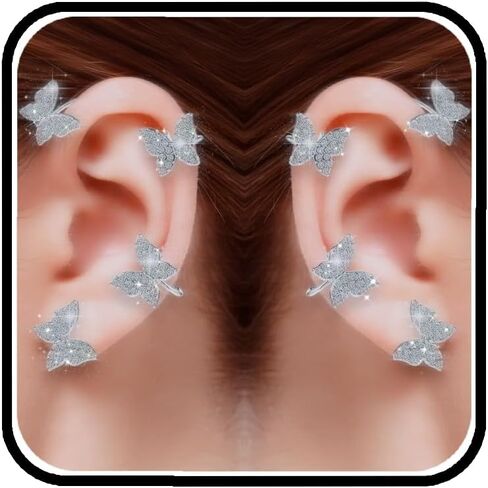 2pcs Butterfly Ear Cuff Glitter Silver Ear Cuff Earrings for Women with Storage Box Non Piercing Rhinestone Fairy Ear Cuffs Jewelry Gift in Saudi Arabia
