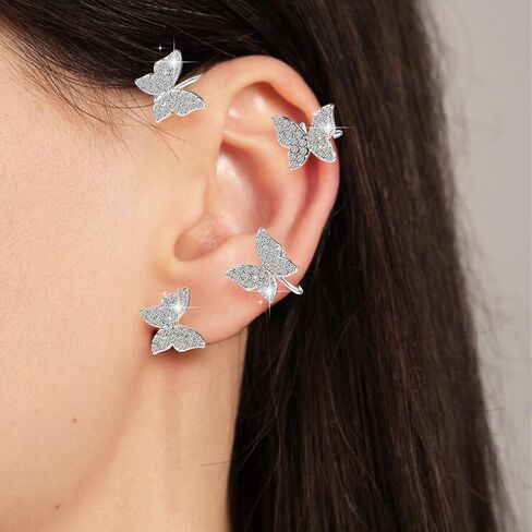 2pcs Butterfly Ear Cuff Glitter Silver Ear Cuff Earrings for Women with Storage Box Non Piercing Rhinestone Fairy Ear Cuffs Jewelry Gift in Saudi Arabia