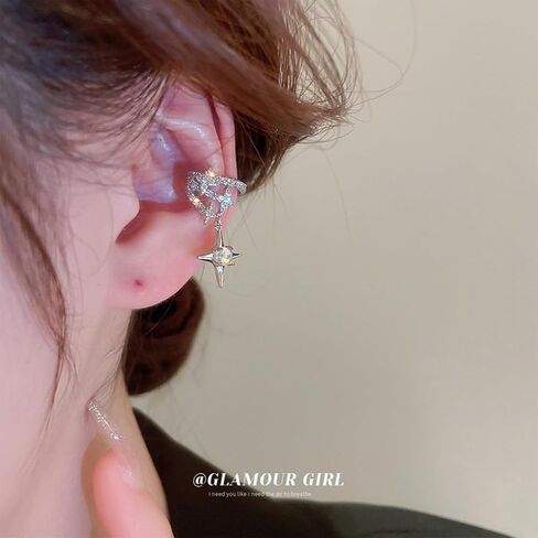 Star Cubic Zirconia Earrings for Women Cute Clip-On Earrings Cartilage Non-Piercing Earring Dainty Asymmetry Sliver Ear Cuffs Jewelry for Women in Saudi Arabia