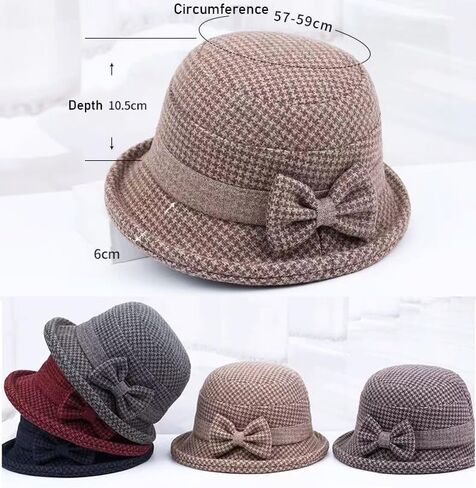 Women's Fall Winter Tweed Bucket Hat Houndstooth Printed 1920s Cloche Hats with Bowknot for Ladies Church Party Foldable in Saudi Arabia
