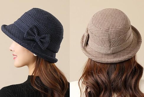 Women's Fall Winter Tweed Bucket Hat Houndstooth Printed 1920s Cloche Hats with Bowknot for Ladies Church Party Foldable in Saudi Arabia