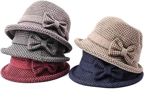 Women's Fall Winter Tweed Bucket Hat Houndstooth Printed 1920s Cloche Hats with Bowknot for Ladies Church Party Foldable in Saudi Arabia