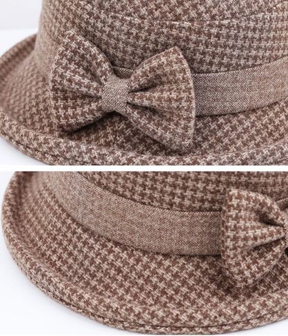 Women's Fall Winter Tweed Bucket Hat Houndstooth Printed 1920s Cloche Hats with Bowknot for Ladies Church Party Foldable in Saudi Arabia
