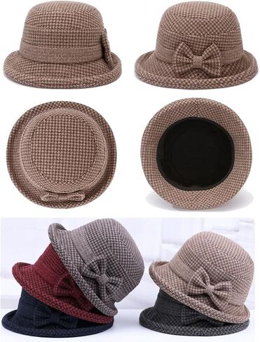 Women's Fall Winter Tweed Bucket Hat Houndstooth Printed 1920s Cloche Hats with Bowknot for Ladies Church Party Foldable in Saudi Arabia