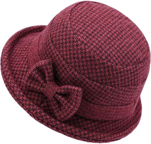 Women's Fall Winter Tweed Bucket Hat Houndstooth Printed 1920s Cloche Hats with Bowknot for Ladies Church Party Foldable in Saudi Arabia