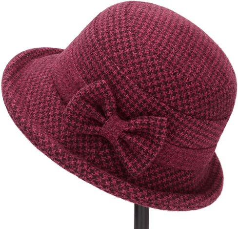 Women's Fall Winter Tweed Bucket Hat Houndstooth Printed 1920s Cloche Hats with Bowknot for Ladies Church Party Foldable in Saudi Arabia