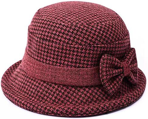 Women's Fall Winter Tweed Bucket Hat Houndstooth Printed 1920s Cloche Hats with Bowknot for Ladies Church Party Foldable in Saudi Arabia