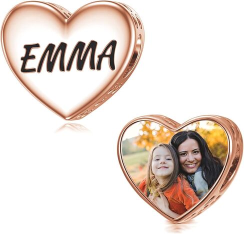 LONAGO Personalized Photo Charms 925 Sterling Silver for Bracelets, Customized Engraved Name Round & Heart Shape Bead Charm, Snake Bracelet Compatible Gift for Women Mom in Saudi Arabia