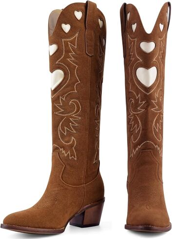 Cowboy Boots for Women Wide Calf Round Toe Chunky Stacked Heel Knee High Cowgirl Boot Heart Pattern Classic Embroidered Tall Western Booties Pull on in Kuwait