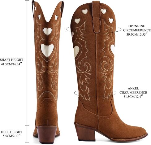 Cowboy Boots for Women Wide Calf Round Toe Chunky Stacked Heel Knee High Cowgirl Boot Heart Pattern Classic Embroidered Tall Western Booties Pull on in Kuwait