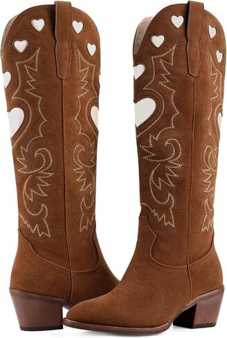 Cowboy Boots for Women Wide Calf Round Toe Chunky Stacked Heel Knee High Cowgirl Boot Heart Pattern Classic Embroidered Tall Western Booties Pull on in Kuwait
