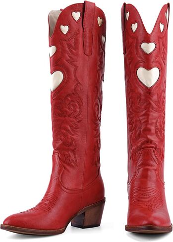 Cowboy Boots for Women Wide Calf Round Toe Chunky Stacked Heel Knee High Cowgirl Boot Heart Pattern Classic Embroidered Tall Western Booties Pull on in Kuwait