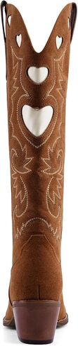 Cowboy Boots for Women Wide Calf Round Toe Chunky Stacked Heel Knee High Cowgirl Boot Heart Pattern Classic Embroidered Tall Western Booties Pull on in Kuwait