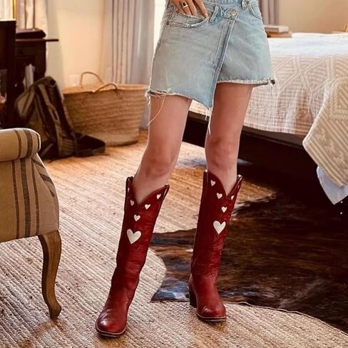 Cowboy Boots for Women Wide Calf Round Toe Chunky Stacked Heel Knee High Cowgirl Boot Heart Pattern Classic Embroidered Tall Western Booties Pull on in Kuwait