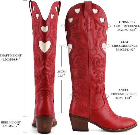 Cowboy Boots for Women Wide Calf Round Toe Chunky Stacked Heel Knee High Cowgirl Boot Heart Pattern Classic Embroidered Tall Western Booties Pull on in Kuwait