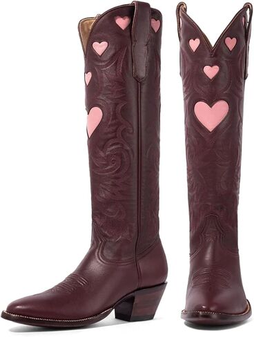 Cowboy Boots for Women Wide Calf Round Toe Chunky Stacked Heel Knee High Cowgirl Boot Heart Pattern Classic Embroidered Tall Western Booties Pull on in Kuwait