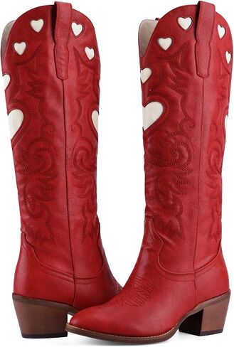 Cowboy Boots for Women Wide Calf Round Toe Chunky Stacked Heel Knee High Cowgirl Boot Heart Pattern Classic Embroidered Tall Western Booties Pull on in Kuwait
