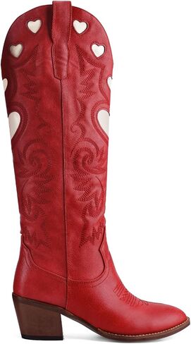 Cowboy Boots for Women Wide Calf Round Toe Chunky Stacked Heel Knee High Cowgirl Boot Heart Pattern Classic Embroidered Tall Western Booties Pull on in Kuwait