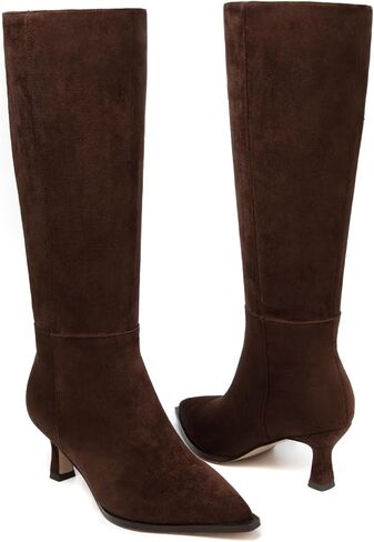 Kitten Heel Knee High Boots Women-Pointed Toe Faux Leather Stiletto Side Zipper Long Tall Dress Boot in Kuwait