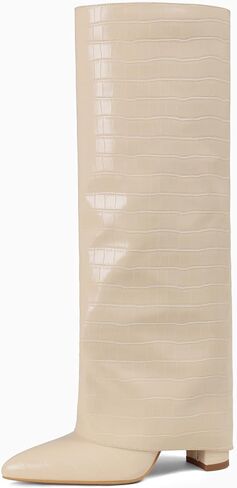 Lyrisiphy Wide Calf Knee High Boots Women Fold Over | Pointed Toe, 3.5" Chunky Heel, Stone Texture, Faux Leather, Jeans to Dresses in Saudi Arabia