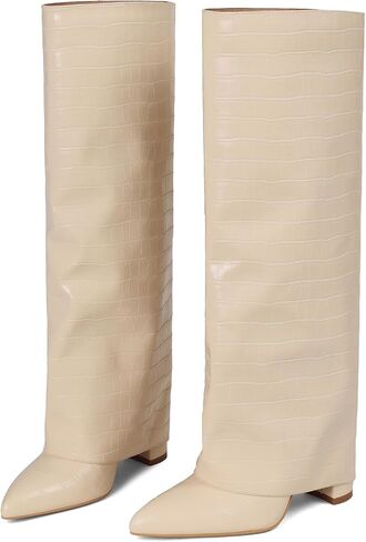 Lyrisiphy Wide Calf Knee High Boots Women Fold Over | Pointed Toe, 3.5" Chunky Heel, Stone Texture, Faux Leather, Jeans to Dresses in Saudi Arabia