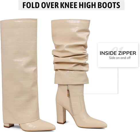 Lyrisiphy Wide Calf Knee High Boots Women Fold Over | Pointed Toe, 3.5" Chunky Heel, Stone Texture, Faux Leather, Jeans to Dresses in Saudi Arabia