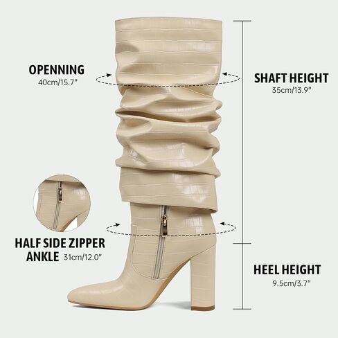 Lyrisiphy Wide Calf Knee High Boots Women Fold Over | Pointed Toe, 3.5" Chunky Heel, Stone Texture, Faux Leather, Jeans to Dresses in Saudi Arabia