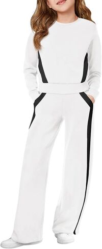 Haloumoning Girls 2 Piece Fall Outfits Color Block Sweatshirt and Elastic Wide Leg Sweatpants Clothing Sets 5-14 Years in Saudi Arabia
