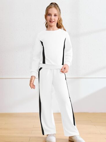 Haloumoning Girls 2 Piece Fall Outfits Color Block Sweatshirt and Elastic Wide Leg Sweatpants Clothing Sets 5-14 Years in Saudi Arabia