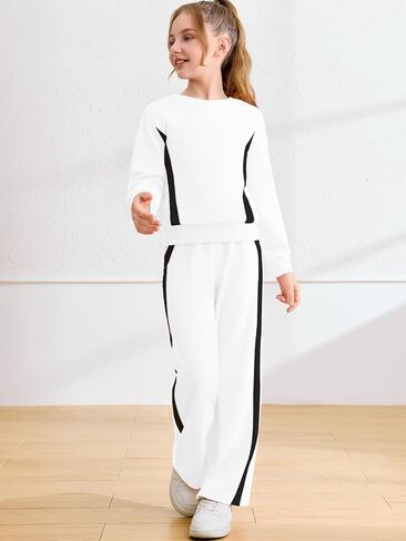 Haloumoning Girls 2 Piece Fall Outfits Color Block Sweatshirt and Elastic Wide Leg Sweatpants Clothing Sets 5-14 Years in Saudi Arabia