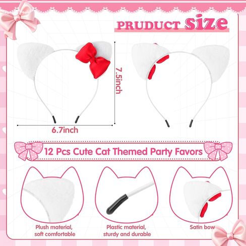 12 Pcs Kitten Cat Ears Headbands Pink Bow Kitty Birthday Decoration for Party Favor Backdrop Kitten Bow Hair Costume(Hot Pink) in Saudi Arabia