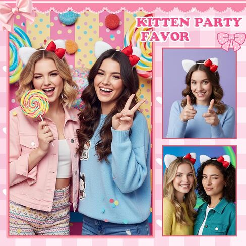 12 Pcs Kitten Cat Ears Headbands Pink Bow Kitty Birthday Decoration for Party Favor Backdrop Kitten Bow Hair Costume(Hot Pink) in Saudi Arabia
