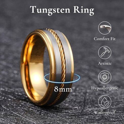 King Will Men's Tungsten Carbide Ring with Steel Rope Inlay | 8mm Comfort Fit Wedding Band, Sizes 7-12 | Scratch-Resistant in Saudi Arabia