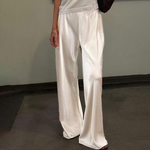 Women Satin Wide Leg Dress Pants Silk Casual Dressy Long Flowy Pants Elastic High Waisted Trousers in Saudi Arabia