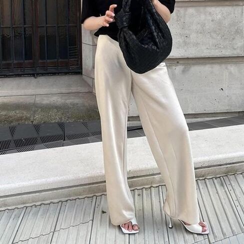 Women Satin Wide Leg Dress Pants Silk Casual Dressy Long Flowy Pants Elastic High Waisted Trousers in Saudi Arabia