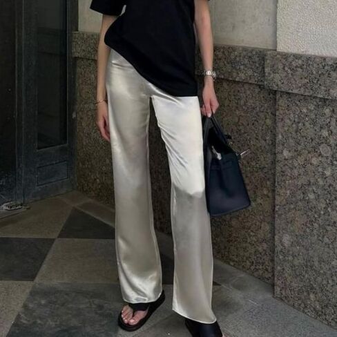 Women Satin Wide Leg Dress Pants Silk Casual Dressy Long Flowy Pants Elastic High Waisted Trousers in Saudi Arabia