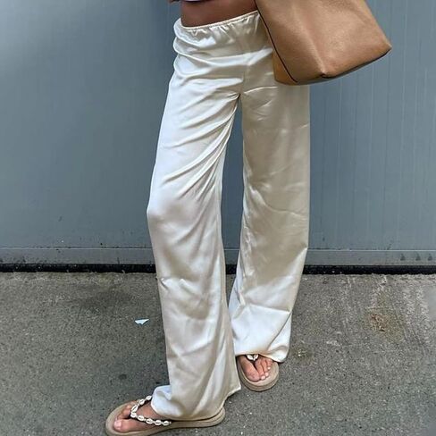 Women Satin Wide Leg Dress Pants Silk Casual Dressy Long Flowy Pants Elastic High Waisted Trousers in Saudi Arabia