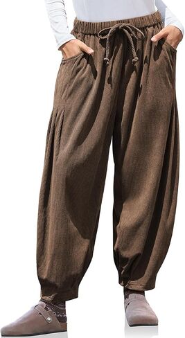 TARSE Womens Baggy Wide Leg Pants Corduroy Casual Drawstring Waist Palazzo Harem Pants with Pockets in Kuwait