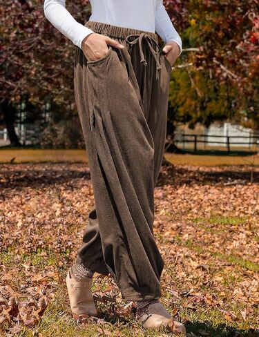 TARSE Womens Baggy Wide Leg Pants Corduroy Casual Drawstring Waist Palazzo Harem Pants with Pockets in Kuwait