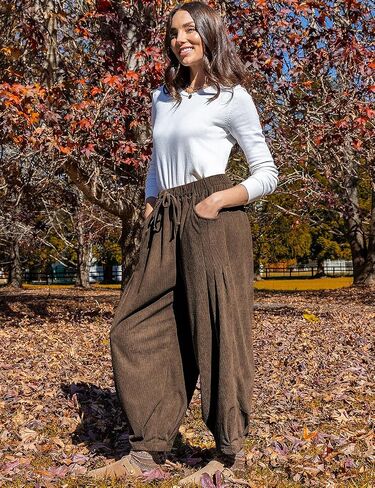 TARSE Womens Baggy Wide Leg Pants Corduroy Casual Drawstring Waist Palazzo Harem Pants with Pockets in Kuwait