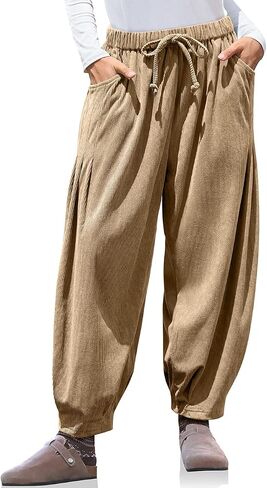 TARSE Womens Baggy Wide Leg Pants Corduroy Casual Drawstring Waist Palazzo Harem Pants with Pockets in Kuwait