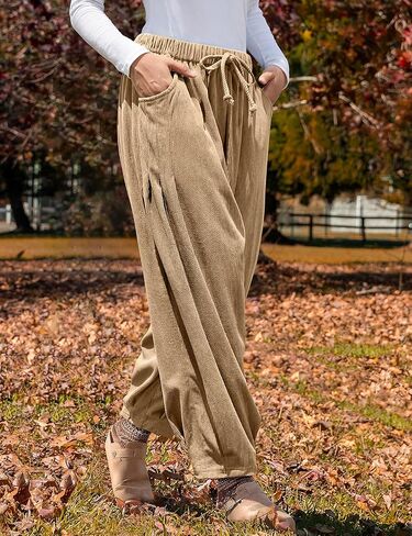 TARSE Womens Baggy Wide Leg Pants Corduroy Casual Drawstring Waist Palazzo Harem Pants with Pockets in Kuwait